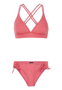 Ružový rebrovaný bikiny set s trojuholníkovým vrškom a prekríženými popruhmi a zodpovedajúcimi spodkami s viazaním po stranách. Obe majú hladkú textúru.