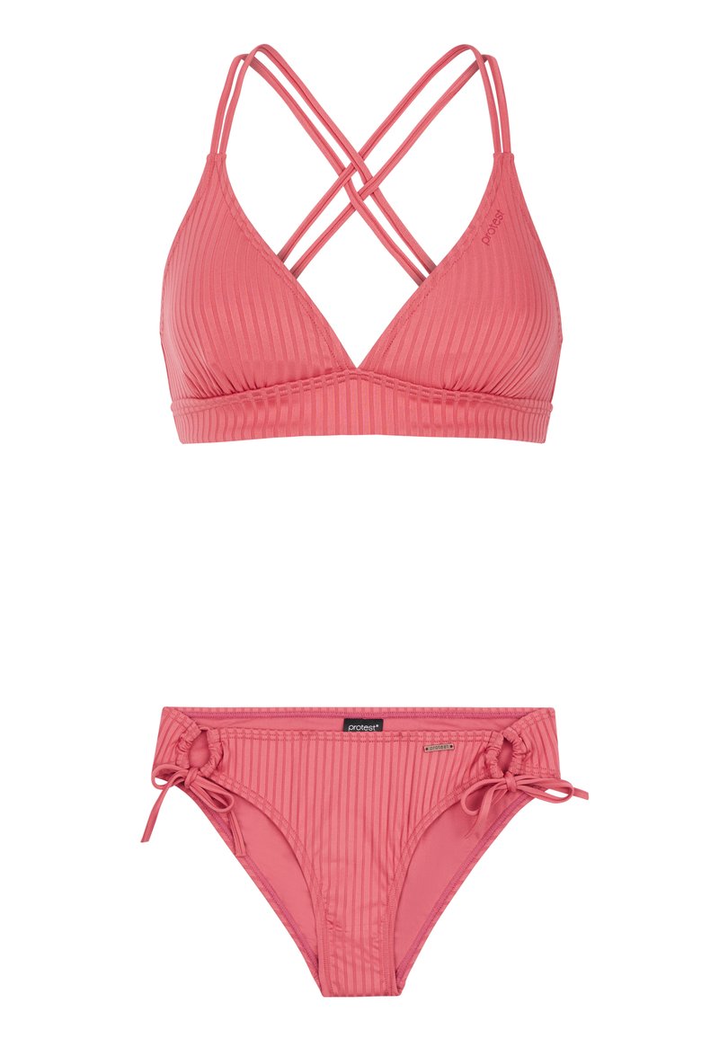 Ružový rebrovaný bikiny set s trojuholníkovým vrškom a prekríženými popruhmi a zodpovedajúcimi spodkami s viazaním po stranách. Obe majú hladkú textúru.
