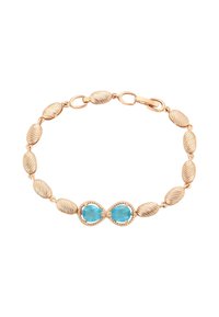 Bracciale color oro con anelli ovali testurizzati e due gemme ovali blu in un design infinito, chiuso da un gancio.