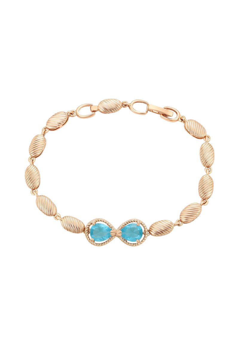 Bracciale color oro con anelli ovali testurizzati e due gemme ovali blu in un design infinito, chiuso da un gancio.
