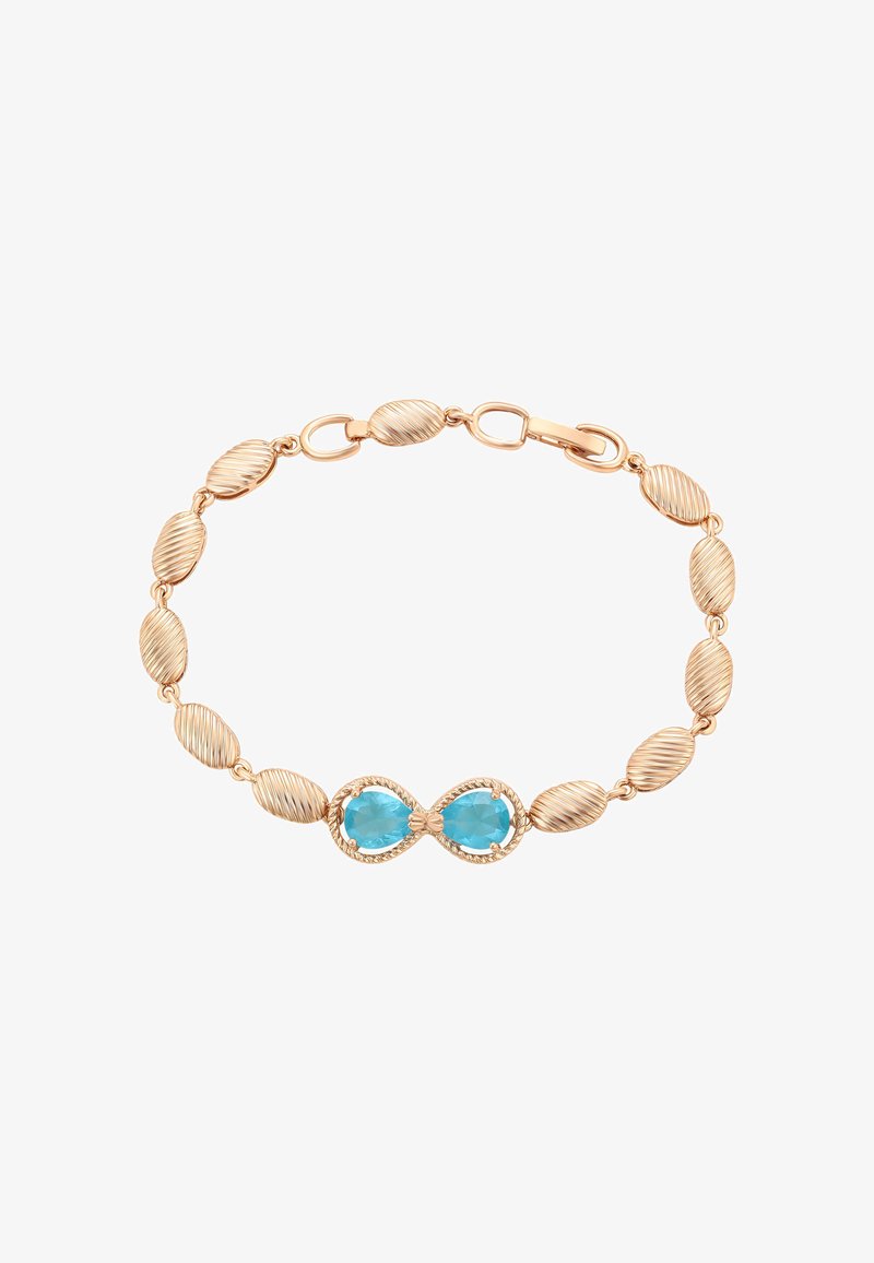 Bracciale color oro con anelli ovali testurizzati e due gemme ovali blu in un design infinito, chiuso da un gancio.