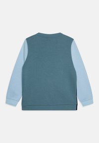 Sweat à capuche bleu avec des manches bleu clair, col ras-du-cou et poignets côtelés. Présente une texture lisse et un design uni sans motifs.