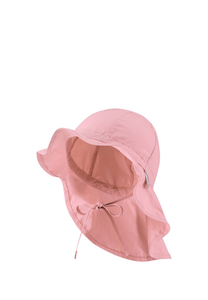 Rosa Baumwoll-Bucket-Hut mit breiter, ausgestellter Krempe, verstellbarem Kinnband und glatter Textur. Keine sichtbaren Muster oder Hardwaredetails.