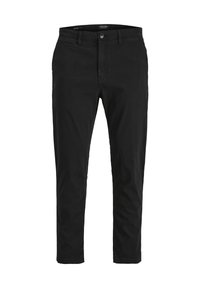 Pantaloni neri realizzati in un tessuto morbido con taglio dritto, dotati di zip e chiusura con bottone, e di una tasca frontale sul lato sinistro.