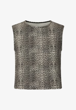 Ärmelloses kurzes Oberteil mit schwarzem und beigem Leopardenmuster und rundem Ausschnitt.