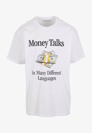 White cotton t-shirt with short sleeves featuring the phrase "Money Talks" above an image of cash secured with a yellow band, and "In Many Different Languages" below.