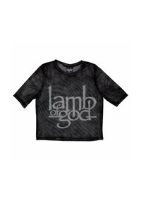 Black mesh short-sleeve t-shirt featuring a central gray "lamb of god" graphic in a stylized font. Smooth texture and loose fit.