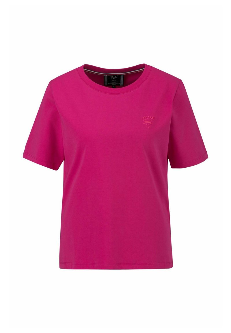 Fuchsia roze t-shirt van katoen; heeft een ronde hals, korte mouwen en een klein logo geborduurd op de borst. Eenvoudig ontwerp.