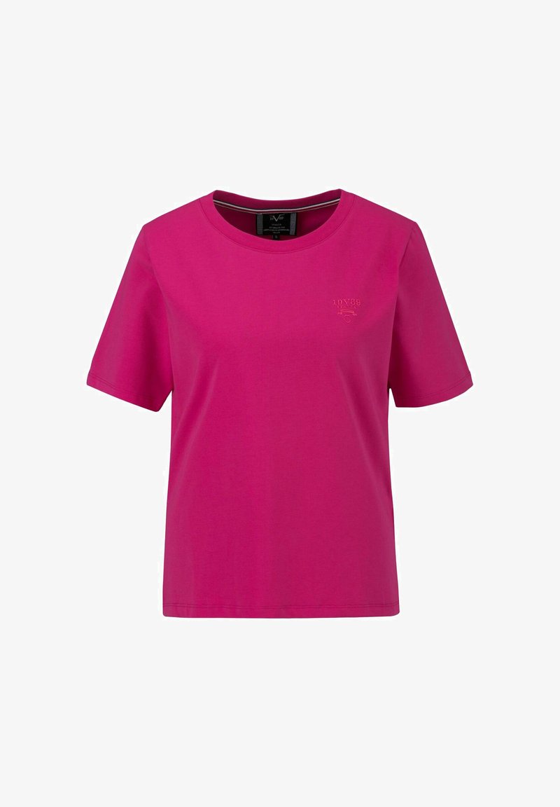 Fuchsia roze t-shirt van katoen; heeft een ronde hals, korte mouwen en een klein logo geborduurd op de borst. Eenvoudig ontwerp.