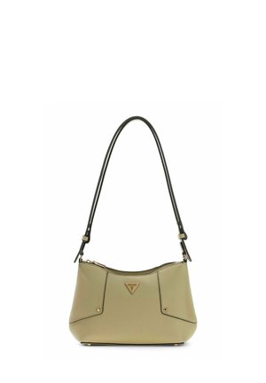 Petit sac à main en cuir vert olive avec plaque logo dorée, fermeture éclair et bandoulière noire réglable.