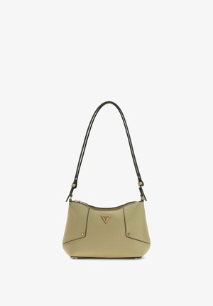 Petit sac à main en cuir vert olive avec plaque logo dorée, fermeture éclair et bandoulière noire réglable.