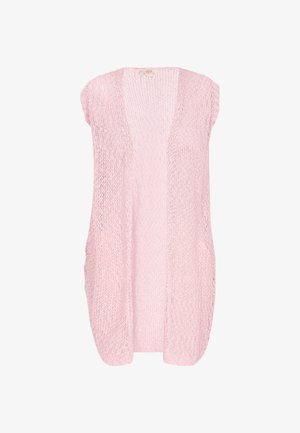 Gaiši rozā atvērtais adījums bez piedurknēm, ar brīvu piegriezumu un divām sānu kabatām. Mīksta tekstūra un gaisīga dizaina.