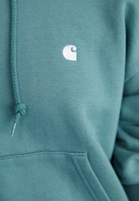Teal hoodie gemaakt van een katoenmix met een wit logo op de linkerborst, een trekkoordcapuchon en geribde manchetten.