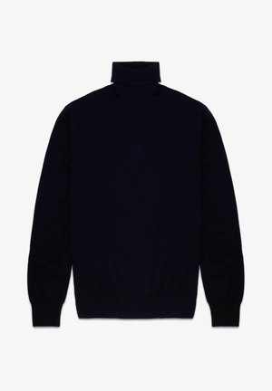 Navy coltrui gemaakt van zacht breimateriaal. Heeft lange mouwen en een slim-fit ontwerp met geribde manchetten en onderrand.