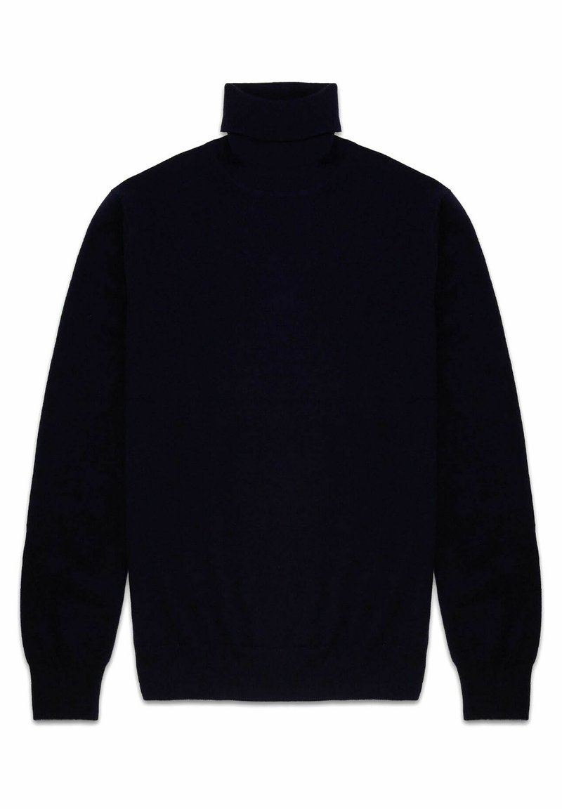 Maglione a collo alto in navy, realizzato in morbido tessuto a maglia. Presenta maniche lunghe e un design aderente con polsini e orlo ribattuti.
