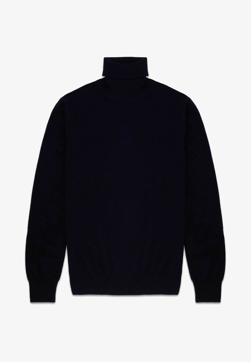 Navyblauer Rollkragenpullover aus weichem Strickmaterial. Verfügt über lange Ärmel und ein tailliertes Design mit gerippten Bündchen und Saum.