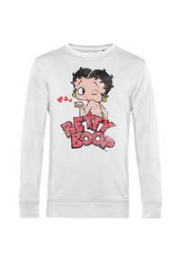 Sudadera blanca con un gráfico de un personaje de dibujos animados con pelo negro, guiñando un ojo y corazones rosas, junto al texto "BETTY BOOP" en rojo.