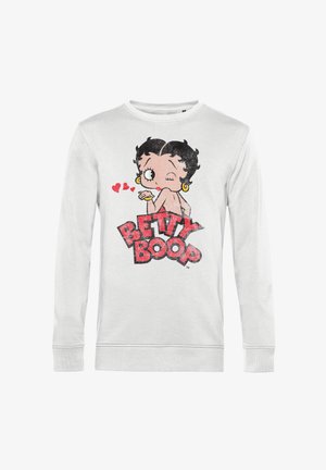 Biała bluza z kapturem z grafiką postaci z kreskówki o czarnych włosach, mrugającej i otoczonej różowymi sercami, a obok tekst "BETTY BOOP" w kolorze czerwonym.