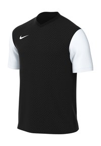 Maglietta sportiva nera a maniche corte con un motivo testurizzato e maniche bianche. Presenta un collo a V e un piccolo logo bianco sul petto.