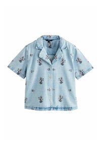 Cămașă din denim albastru deschis cu mânecă scurtă, decorată cu broderie florală în nuanțe de roz și verde. Textură moale, cu guler decupat și închidere cu nasturi.
