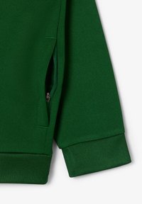 Zeleni teksturirani sweatshirt iz blaga z zadrgo na stranski žep, rebrastimi manšetami in gladkim zaključkom. Ima moder, prilegajoč se dizajn.