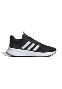 Chaussure de sport noire avec semelle blanche et trois bandes blanches sur le côté, dotée d'une tige en mesh et d'une semelle intermédiaire amortissante pour le confort.