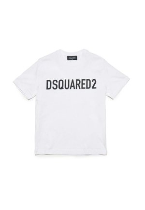 T-shirt en coton blanc avec un logo noir "DSQUARED2" sur le devant. Col rond, manches courtes et coupe standard.