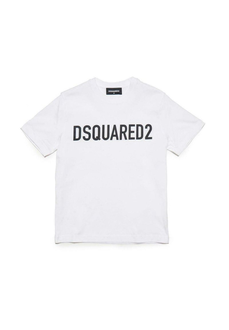 Hvid bomulds t-shirt med et sort "DSQUARED2"-logo hen over fronten. Rund halsudskæring, korte ærmer og standard pasform.