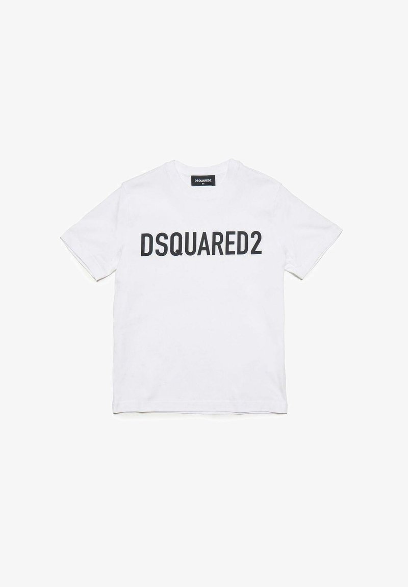 Hvid bomulds t-shirt med et sort "DSQUARED2"-logo hen over fronten. Rund halsudskæring, korte ærmer og standard pasform.