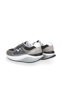 Gray athletic shoes featuring a mix of suede and mesh materials, with a white midsole, black accents, and "SOHO 1996" branding.