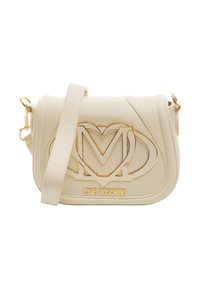 Beige crossbody tas van imitatieleer met een logo in goudkleur, een afneembare schouderriem en gebogen stiksel details.
