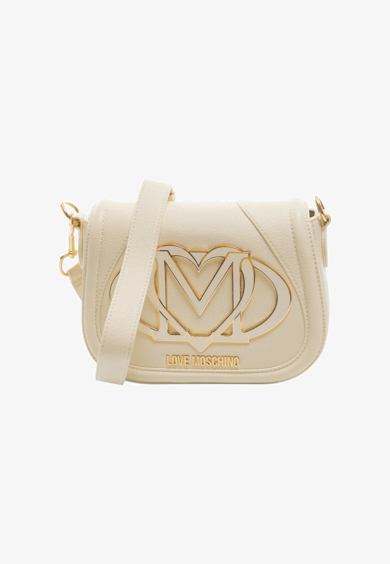 Beige crossbody tas van imitatieleer met een logo in goudkleur, een afneembare schouderriem en gebogen stiksel details.