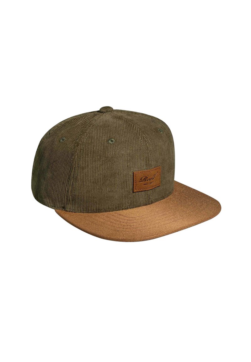 Corduroy cap with an olive green upper and a brown flat brim. Features a rectangular leather patch on the front with embossed text.