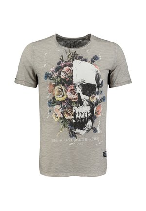 T-shirt grigio a maniche corte con una grande grafica di teschio circondata da fiori. Il testo recita "RISORGERE DALLA CENERE!" in bianco.