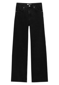 Jeans de mezclilla negra con cintura alta, corte de pierna ancha, diseño clásico de cinco bolsillos, cierre de botón metálico y costuras tonales.