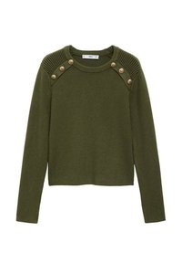 Maglione verde lavorato a maglia con maniche lunghe, colletto tondo, dettagli a coste sulle spalle e bottoni decorativi dorati sulle spalle.