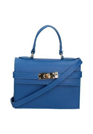 Borsa a tracolla in pelle blu strutturata con manico superiore, tracolla regolabile e chiusura rettangolare a vite tono oro.