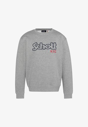 Grijze katoenen sweatshirt met ronde hals, voorzien van een marineblauw "Schott"-logo en "N.Y.C." in rood. Geribbelde manchetten en zoomdetails.