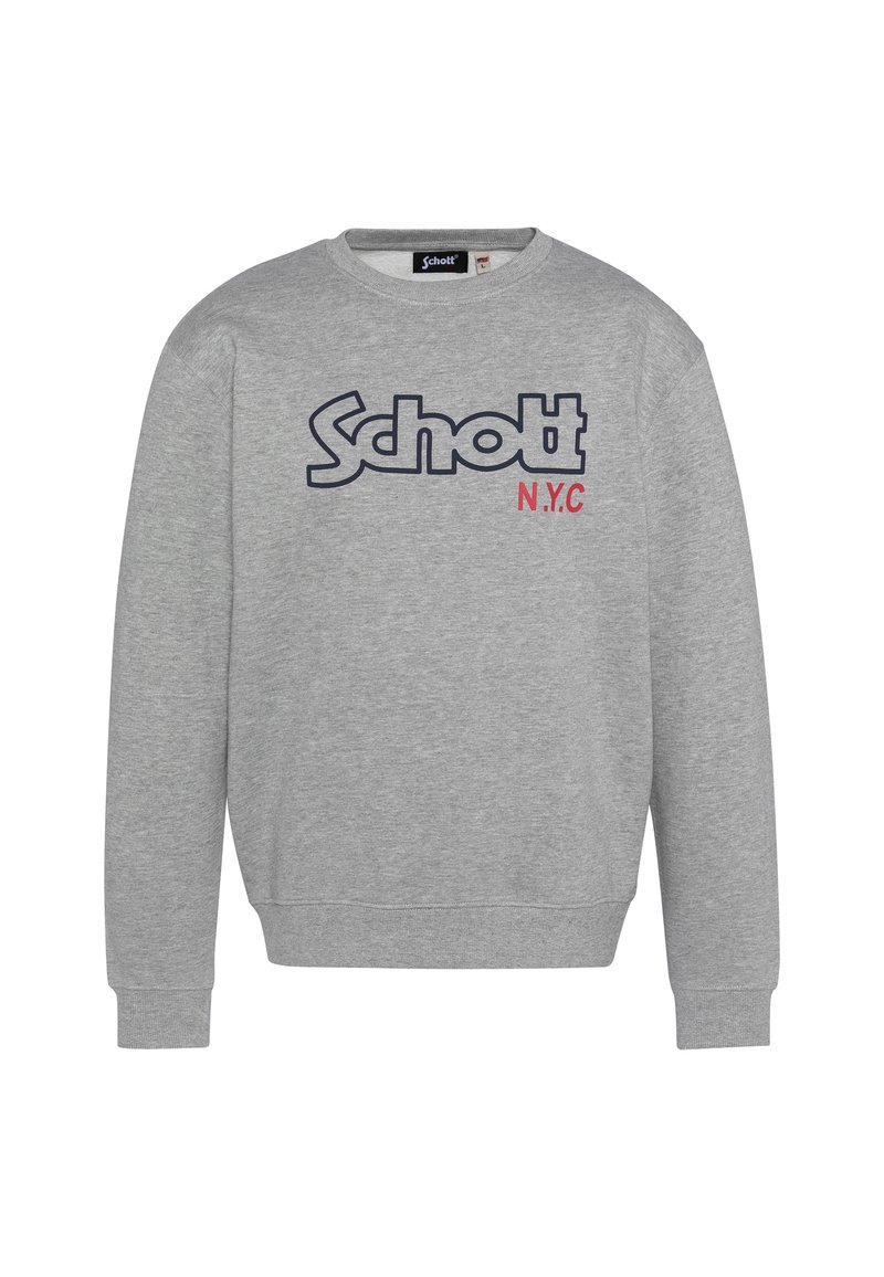Felpa grigia in cotone con scollo rotondo, con logo "Schott" blu navy e "N.Y.C." in rosso. Polsini e orlo a coste.