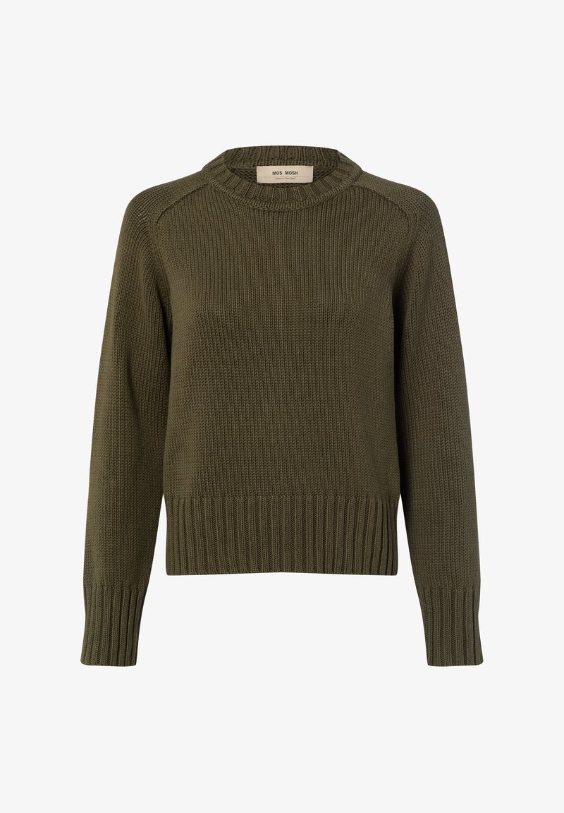 Olivgrüner Strickpullover mit rundem Ausschnitt, gerippten Bündchen und Saum; zeichnet sich durch ein strukturiertes Muster und eine lässige Passform aus. Markenzeichen sichtbar.