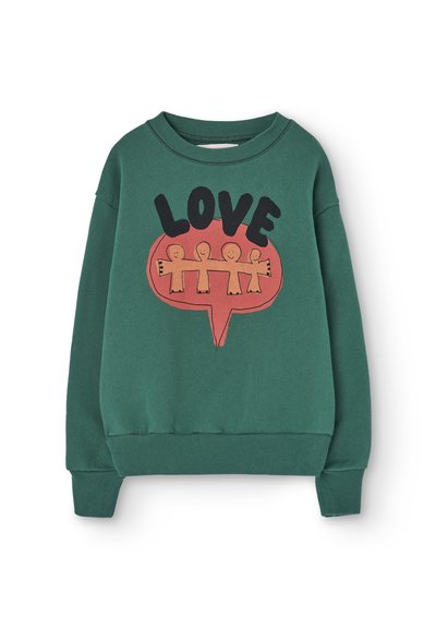 Felpa verde in cotone con un graphic rotondo rosa che presenta tre figure stilizzate e la parola "LOVE" in caratteri neri in grassetto.