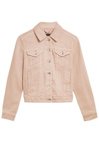 Chaqueta de mezclilla rosa claro con cuello de camisa, cierre de botón, dos bolsillos frontales y un diseño corto. Textura suave, estilo clásico.