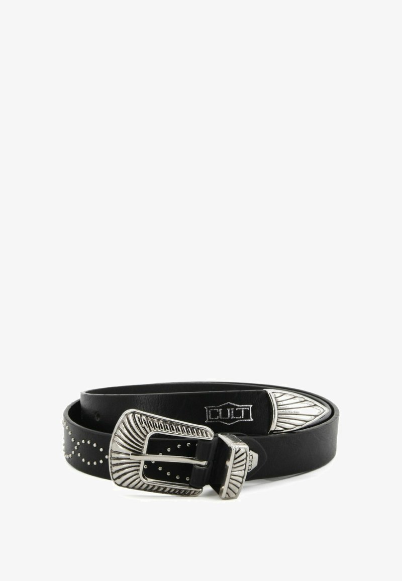 Cintura in pelle nera con una fibbia decorativa in tonalità argento e dettagli con borchie lungo la cinghia, dal texture liscia.