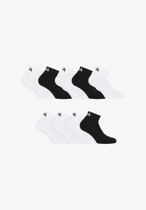 Dix chaussettes montantes disposées en deux rangées, alternant les couleurs noire et blanche, chacune avec un petit logo près du bord-côte.