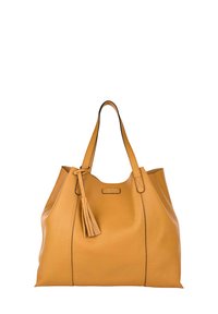 Sac fourre-tout en cuir jaune moutarde avec deux poignées, coutures latérales et un accent décoratif en frange. Texture lisse avec des lignes épurées.