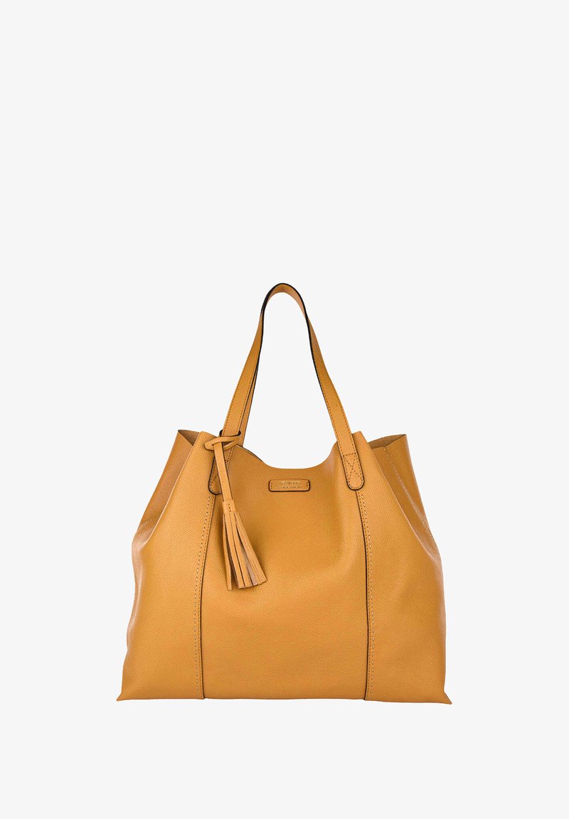 Sac fourre-tout en cuir jaune moutarde avec deux poignées, coutures latérales et un accent décoratif en frange. Texture lisse avec des lignes épurées.