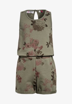 Combinaison sans manches vert sauge à motifs floraux roses et bruns, col rond, fermeture par boutons au dos et shorts avec revers.