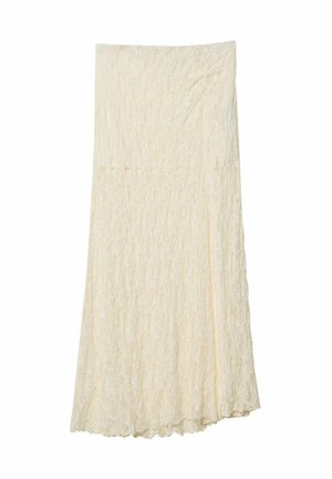 Tkaná maxi sukňa v off-white farbe so štruktúrovaným kvetinovým vzorom, prispôsobený pás a splývavá silueta so slabo rozšíreným spodným okrajom.