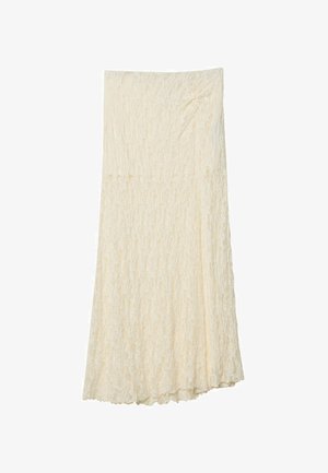 Maxikleid aus Spitze in Off-White, mit einem strukturierten Blumenmuster, tailliertem Bund und fließender Silhouette mit leicht ausgestellt geschnittenem Saum.