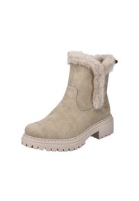 Bottines beiges avec une finition en daim, bordées de fourrure douce autour du col, et une semelle en caoutchouc épaisse avec un motif texturé.